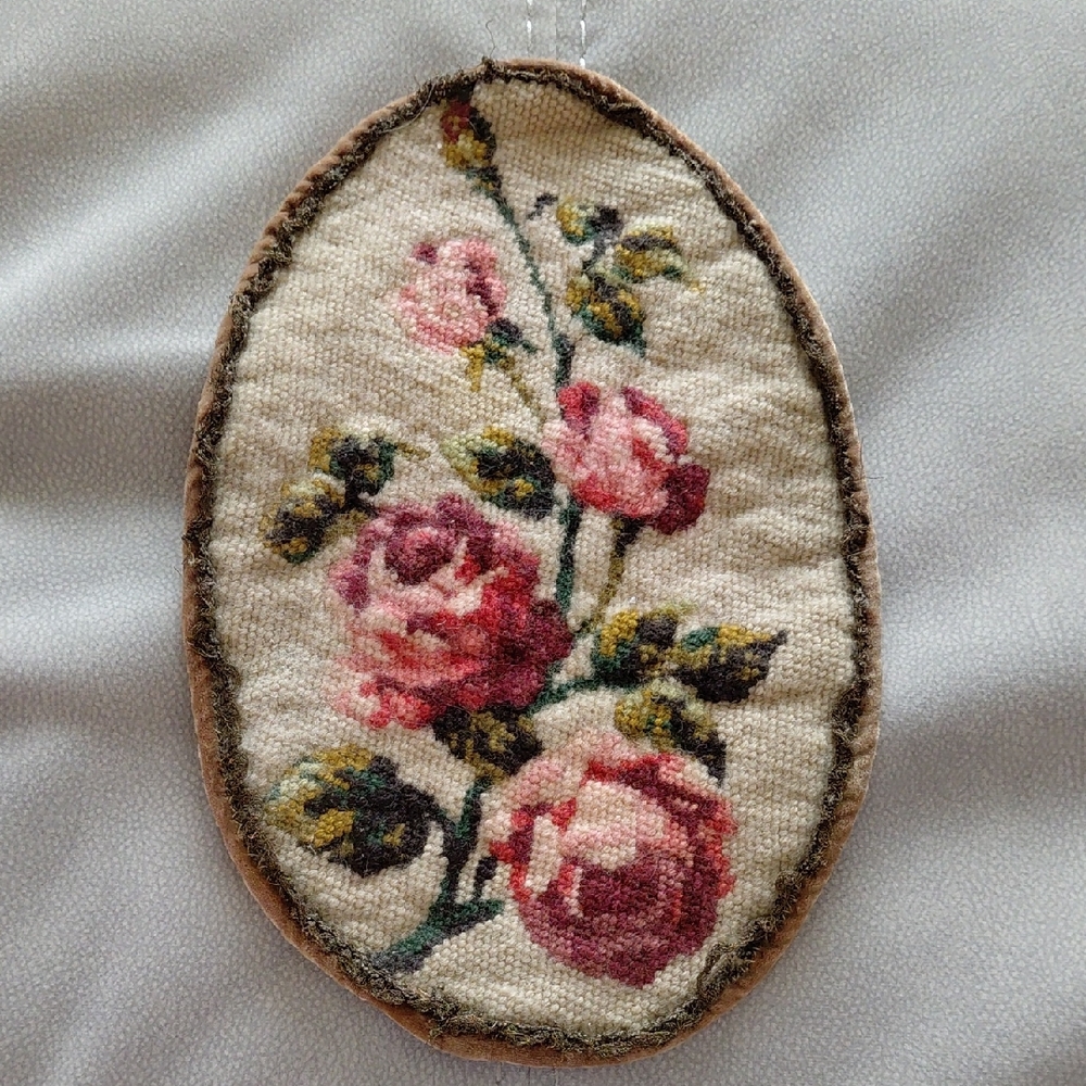 Victorian Needlepoint Roses Table Vanity Mat Antique Metallic Trim Handmade